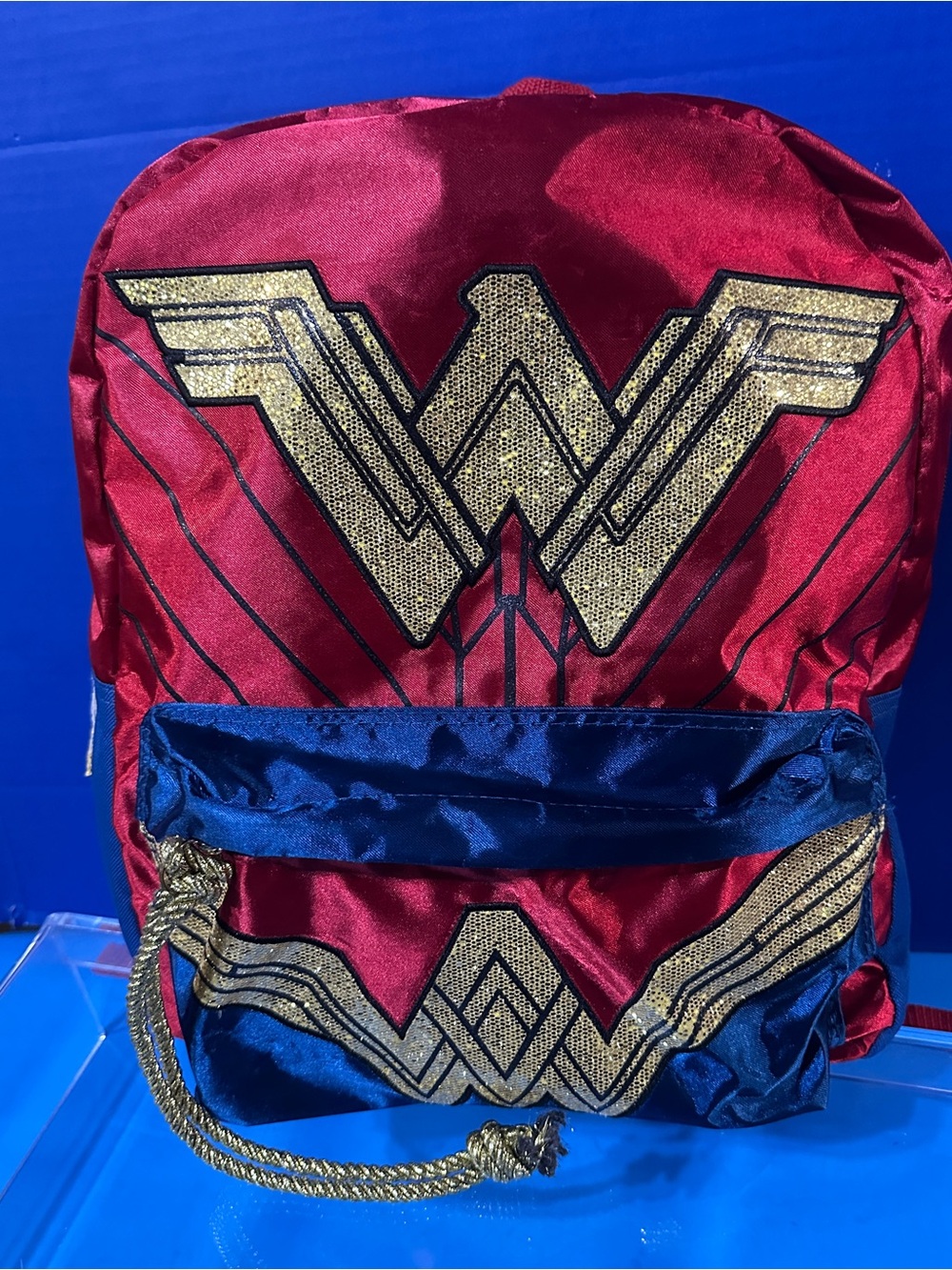 DC Comics Wonder Woman Super Hero Red & Blue Glitter Logo Backpack Adj Straps